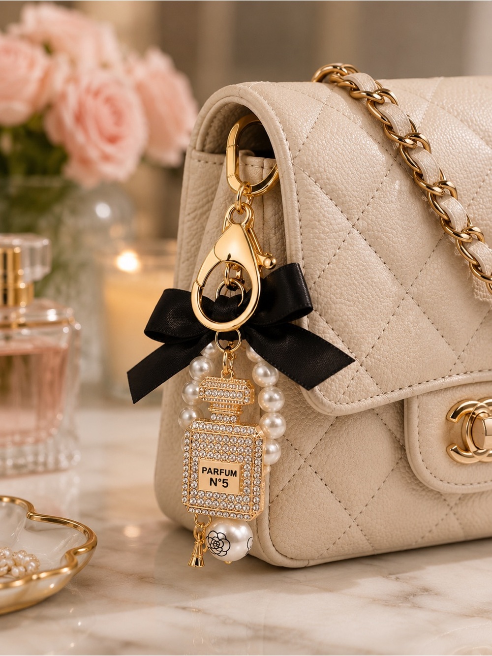 Title: Glam Perfume Bottle Bag Charm Keychain | Pearls Rhinestones & Bow